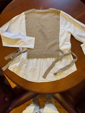entro Blue-White Striped Button-Down with Taupe Knit Back